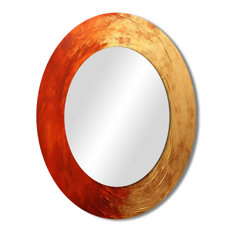 Miroir mural ovale doré sur fond rouge vermillon, 43 po x 33 po