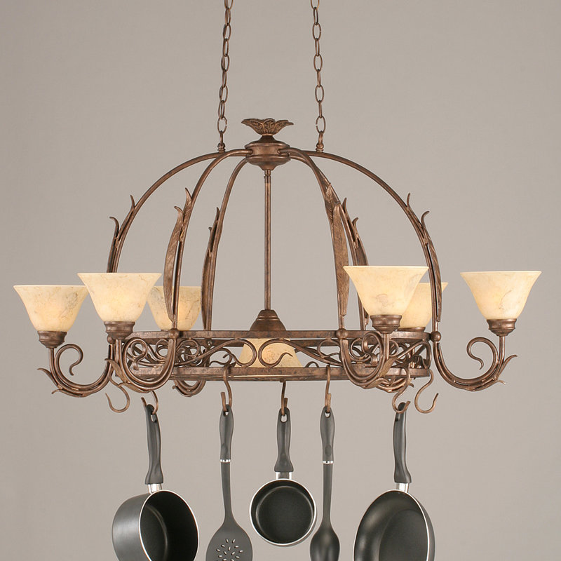 Leaf 8 Light Pot Rack With 8 Hook Shown In Bronze Finish With 7" Italian Marble Glass (Pots Not Included)