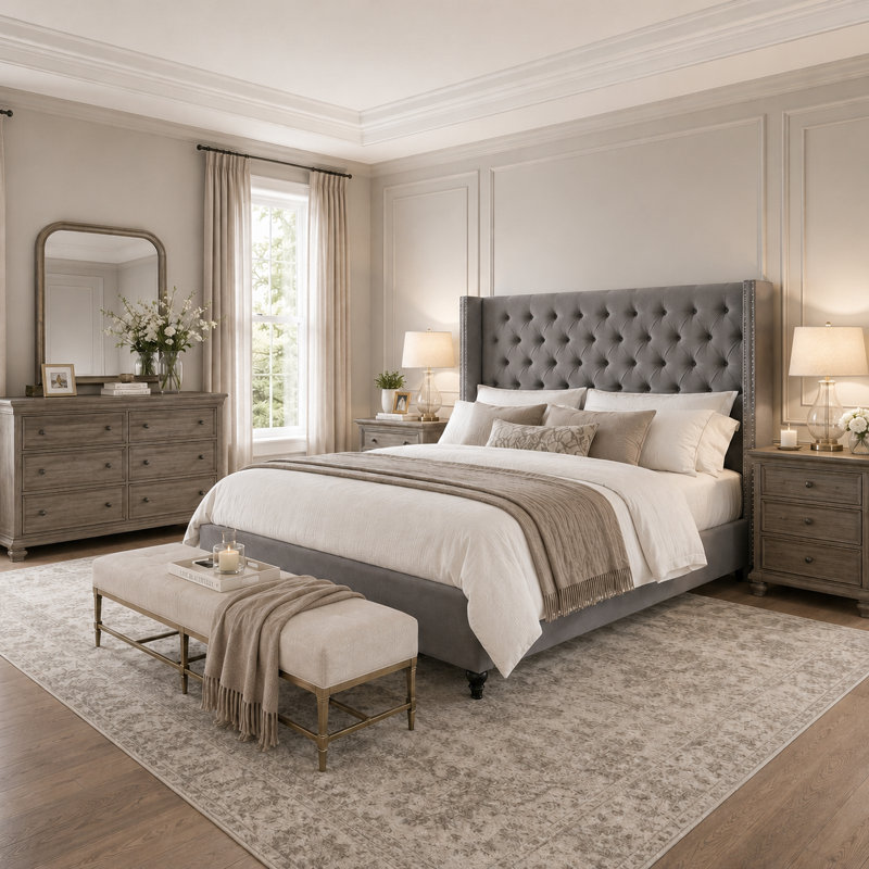 Madison Upholstered Platform Bed with Button-Tufted Headboard, Grey (Queen)