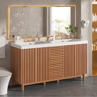 59" Double Sink Bathroom Vanity with SMC Resin Basin, MDF Cabinet with Solid Wood Legs, Soft‑Close Hinges & Hidden Drawer System for Bathroom Storage