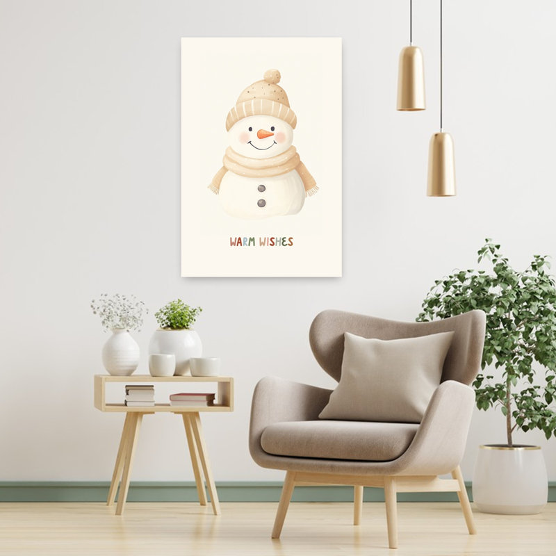 Warm Wishes Snowman Whimsical Abstract Contemporary Winter Wall Art Print 1 Piece Wrapped Canvas Wall Art