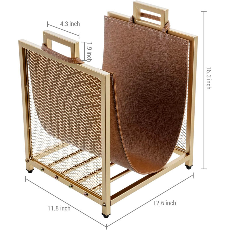 Modern Gold Tone Metal Firewood Stand with Brown Leatherette Wood Holder Sling