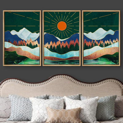 " Shinin Orange Sun & Granite Texture Landscape Nature Wilderness Modern Art Rustic Scenic Colourful " 3 - Pieces