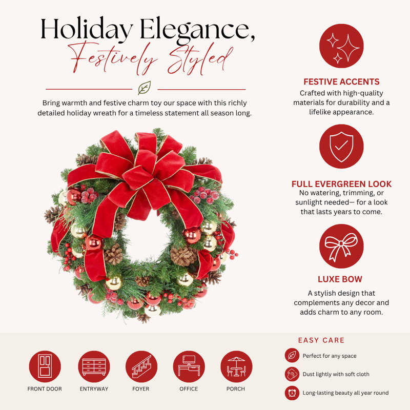 26"Evergreen Wreath With Berries, Balls, Cones And Red Bow