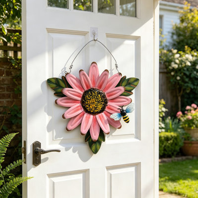 11.81" Wrought Iron Sunflower Wall Pendant With Bee For Garden Wreath Spring Summer Farmhouse Porch Wall Decor, Pink