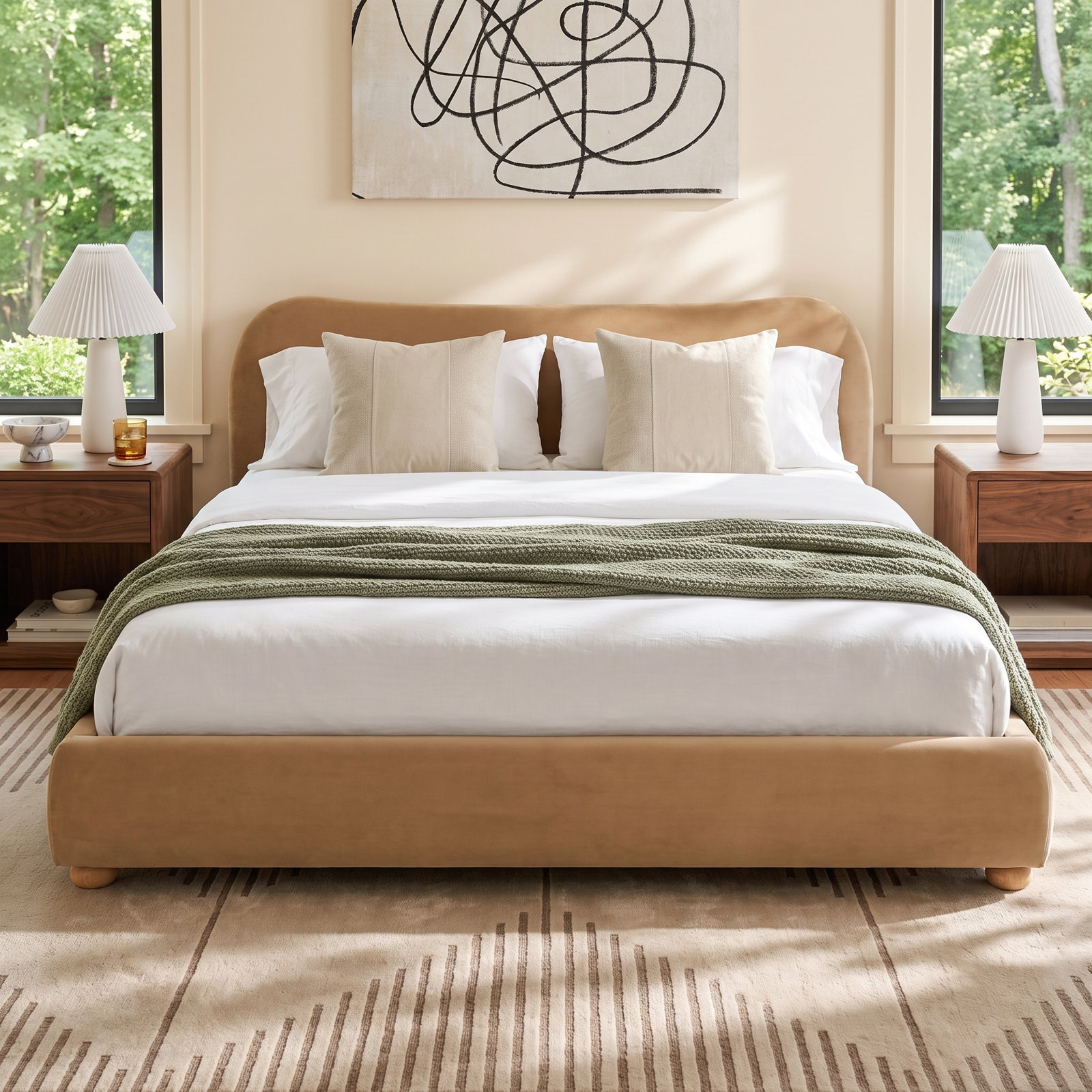 Liza Velvet Upholstered Bed, Queen, Light Brown Velvet