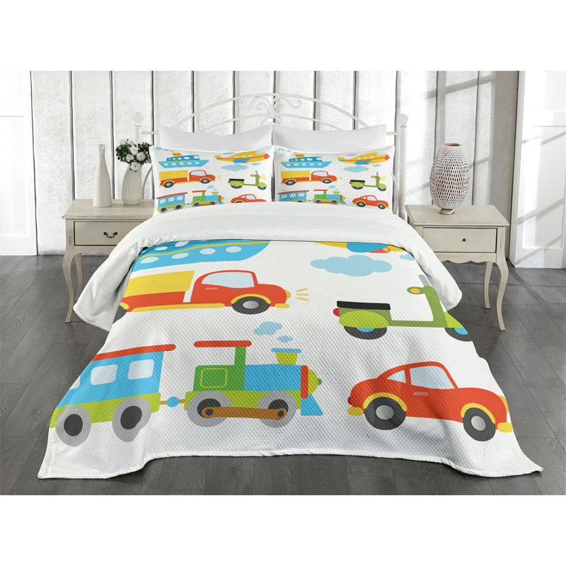 Ambesonne Cartoon Bedspread Set Transportation Theme Multicolor, King Bedspread + 2 Standard Shams