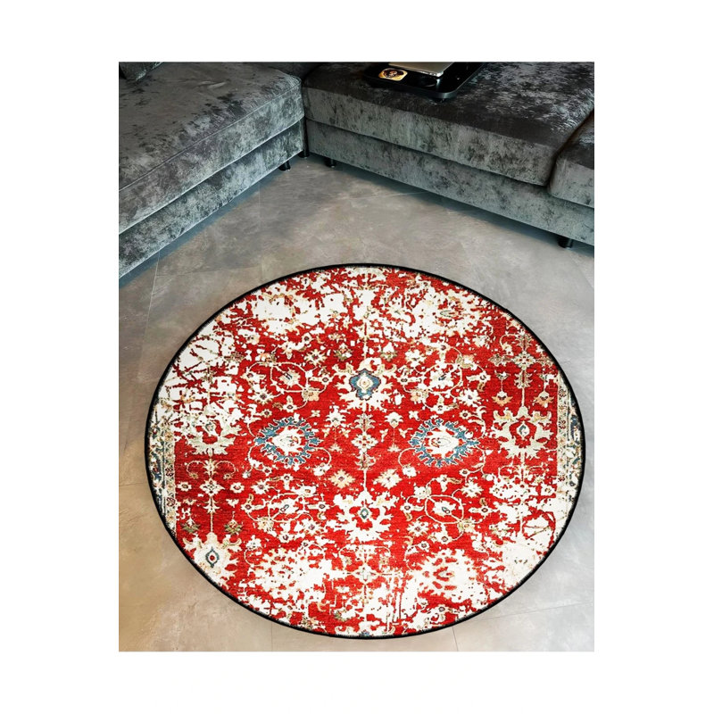 Red Themed Ethnic Motif Traditional Patterned Round Woven Base Vintage Decorative Carpet, Round 3'4"