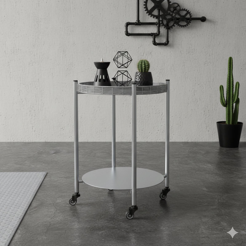 Table de cocktail ronde à roulettes, tables d'appoint mobiles à 2 niveaux en métal argenté, table de chevet détachable pour une utilisation dans la chambre ou le salon à côté du canapé (finition gris argenté)
