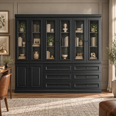 78.7" H Large Black Bookcase with Tempered Glass Doors, 6 Drawers & Storage Cabinets, Wide Display Cabinet with Anti-Tip Kit
