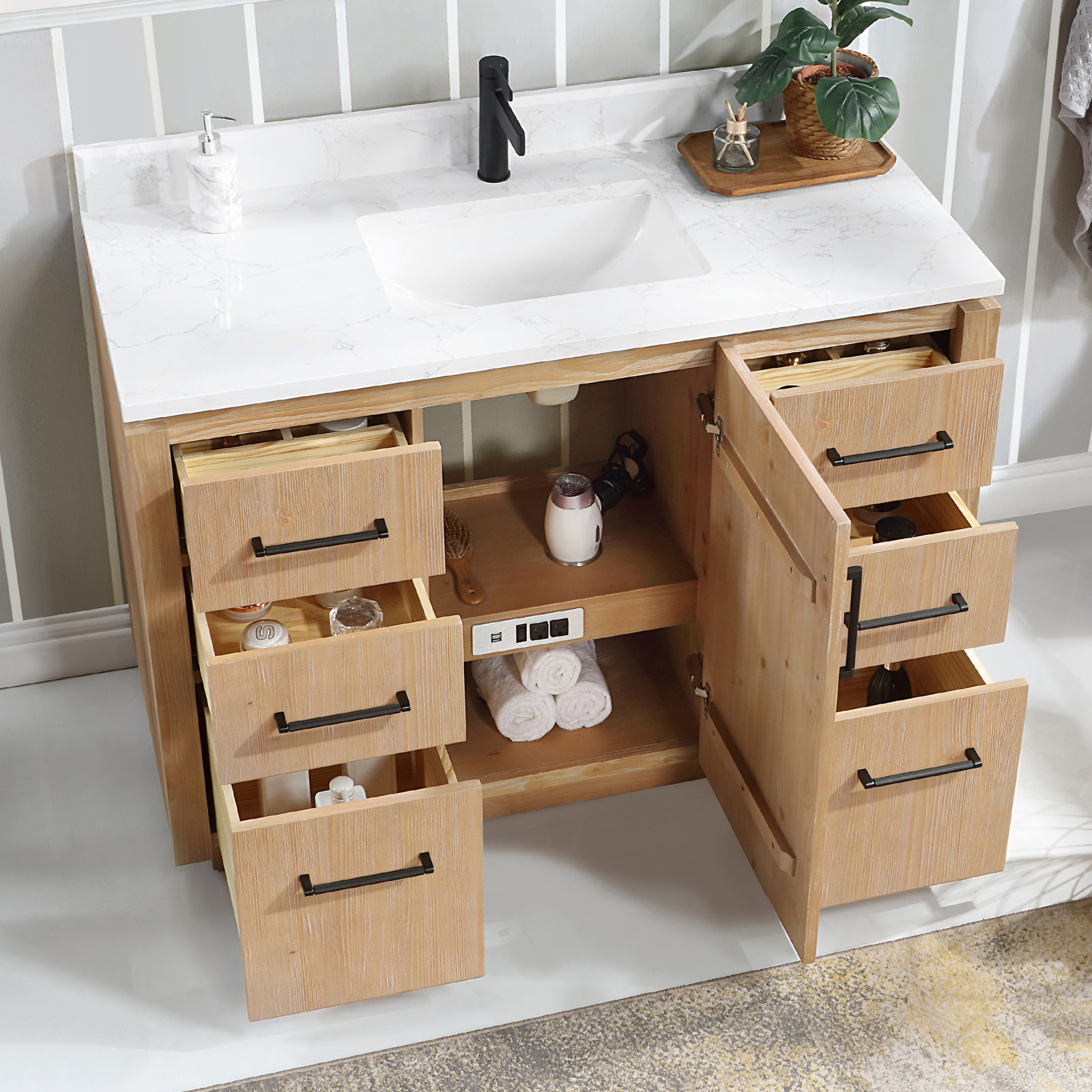 Cloverfield 48'' Single Bathroom Vanity, Fir Wood Brown, Matte Black