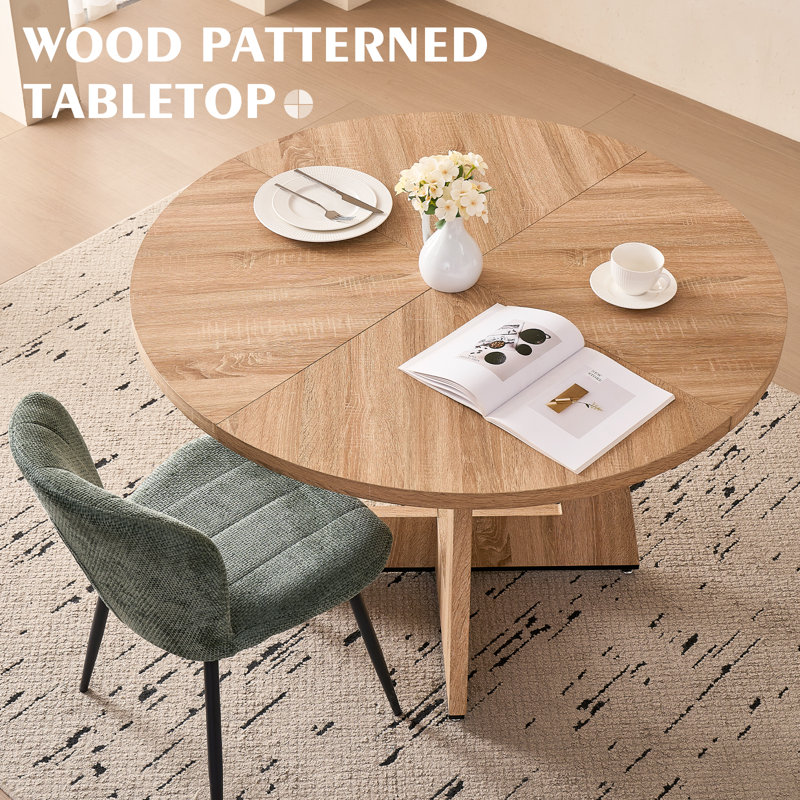 5-Piece Modern Round Dining Set, Natural Wood Grain Table With 4 Green Upholstered Chairs, Natural, Green
