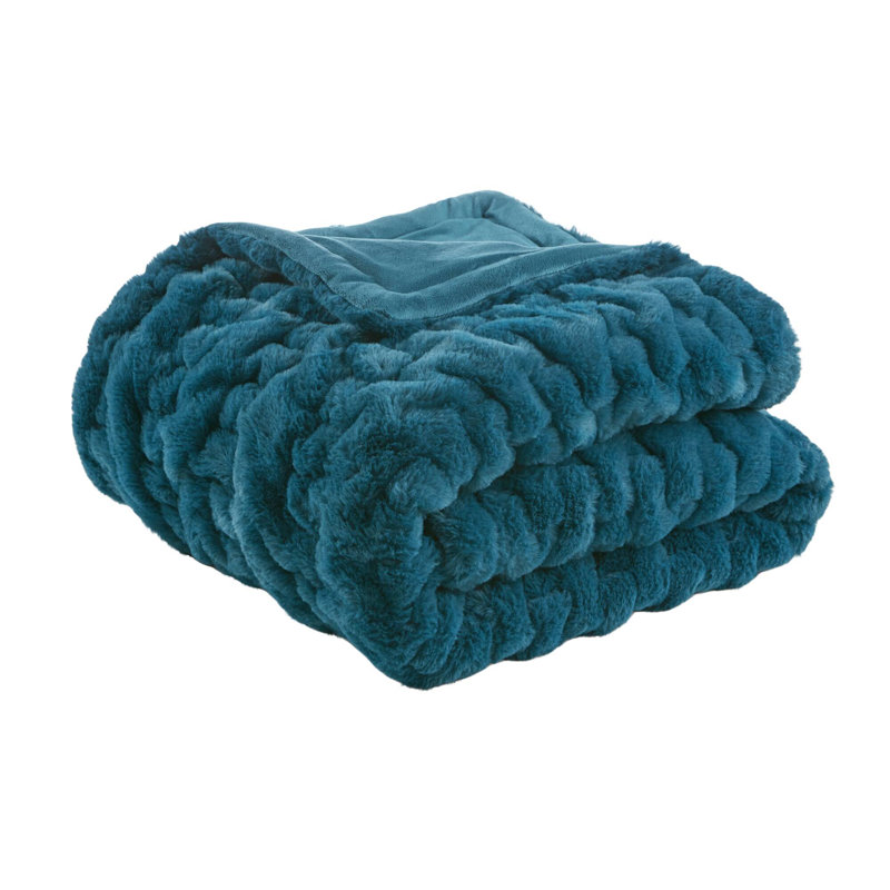 Plaid réversible en fausse fourrure froncée unie bleu sarcelle 50 x 60 po, Bleu sarcelle
