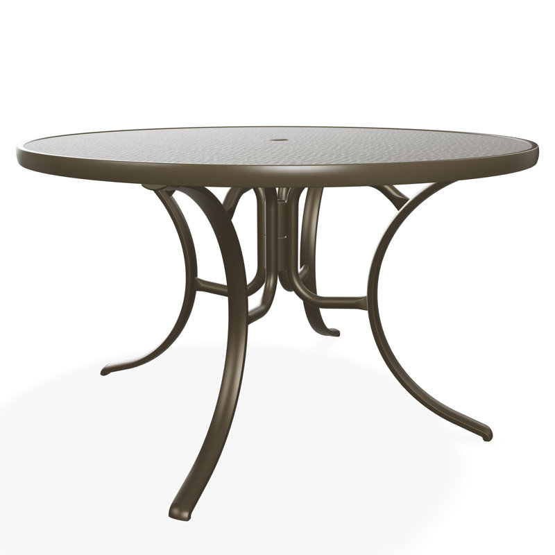48" Round Hammered Marine Grade Polymer Outdoor Dining Table with Umbrella Hole, Gray/Beachwood