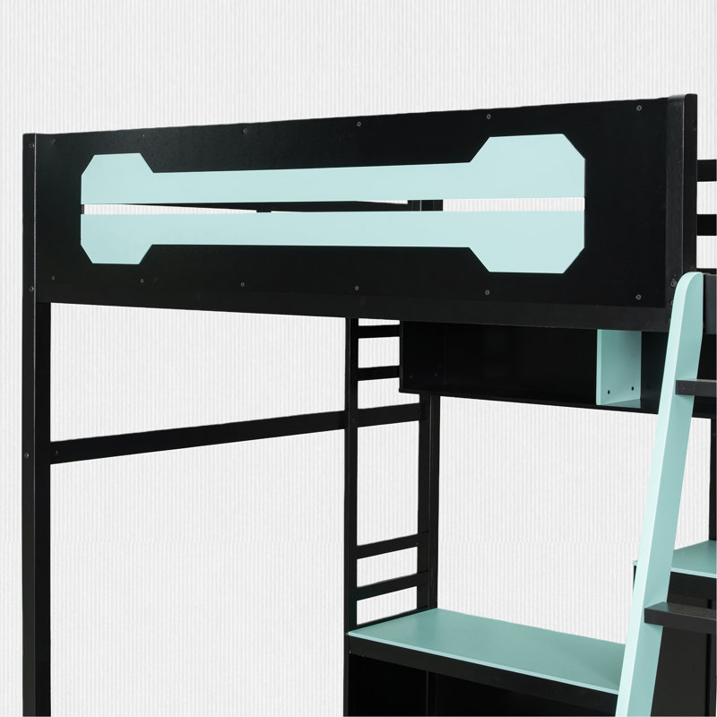 Lit mezzanine double avec bureau intégré, espace de rangement et ports USB, Bleu