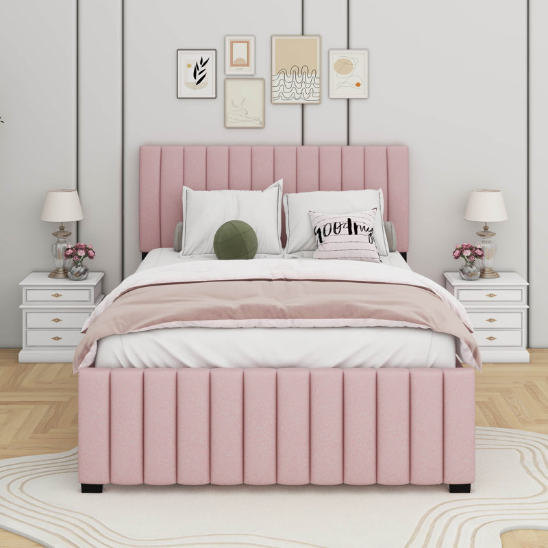 Lit plateforme double en velours avec lit gigogne, Rose