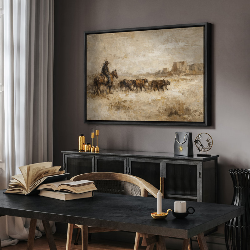 «Rustic Ranch Scene with Cowboy and Bétail», reproduction d'art encadrée, H 24 po x l 36 po, Noir