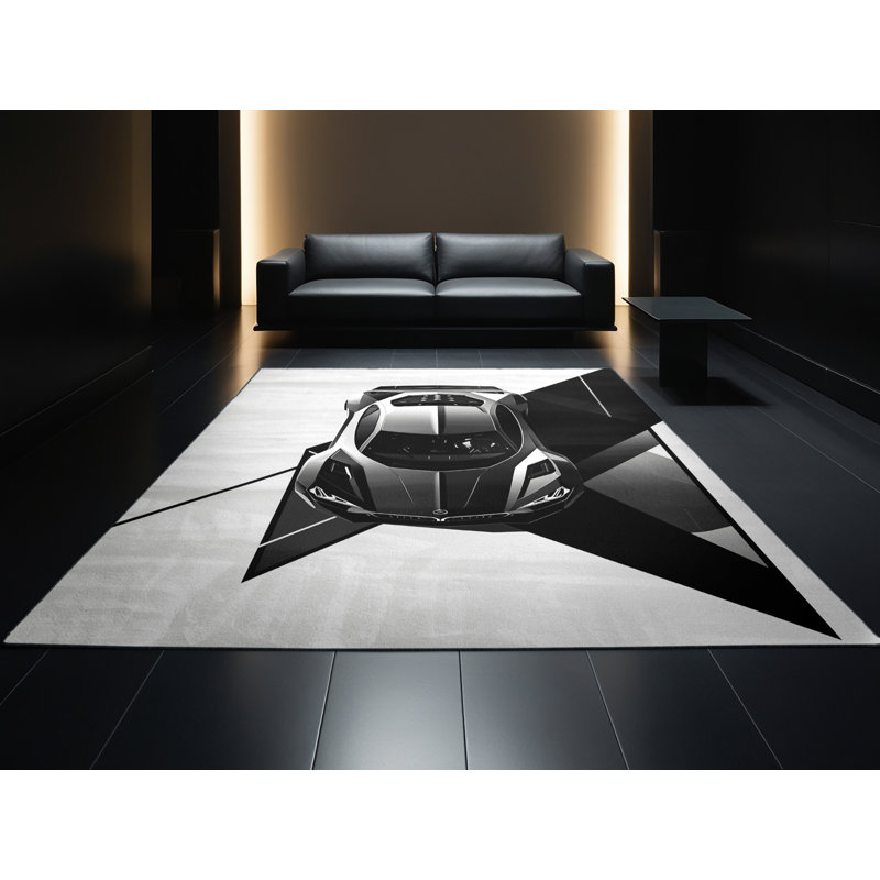 Machine Washable Vehicles And Transportation Futuristic Concept Car Modern Geometric Shapes Rug in Green – Black Binding, 2x5