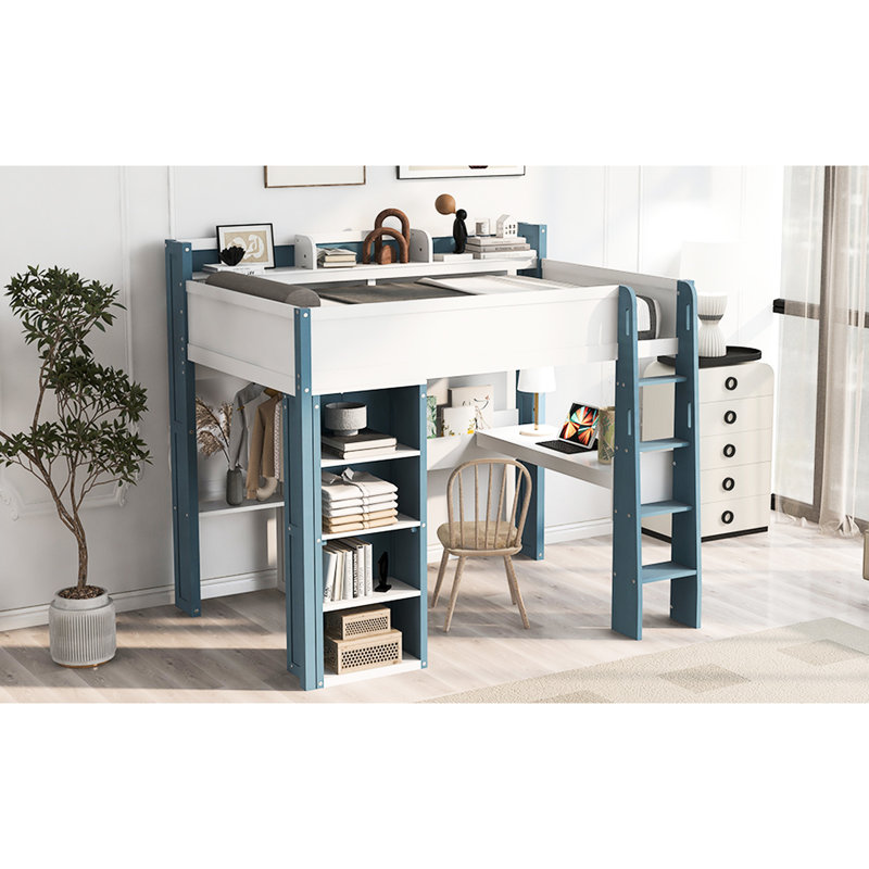 Lit mezzanine double en bois bleu avec rangement et espace de travail - apparence élégante, fonction pratique, instructions d'installation simples, tablettes de bureau encastrées, esthétique moderne, espace généreux, assemblage