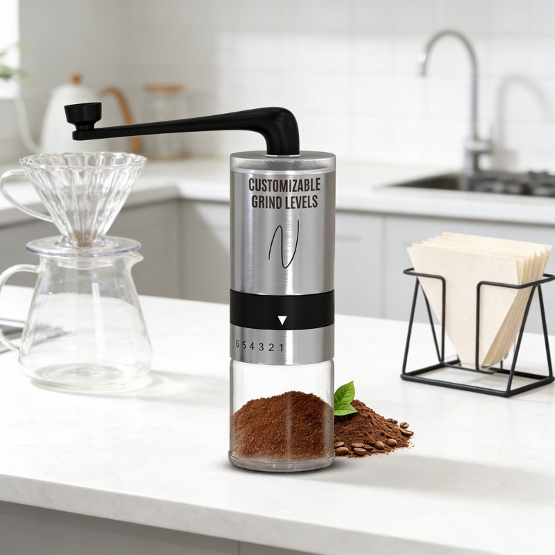 Manual Coffee Grinder With Conical Burr - 6 Adjustable Settings For Espresso, French Press, Pour Over - Portable Stainless Steel Hand Crank Mill For Quiet Home And Travel Use