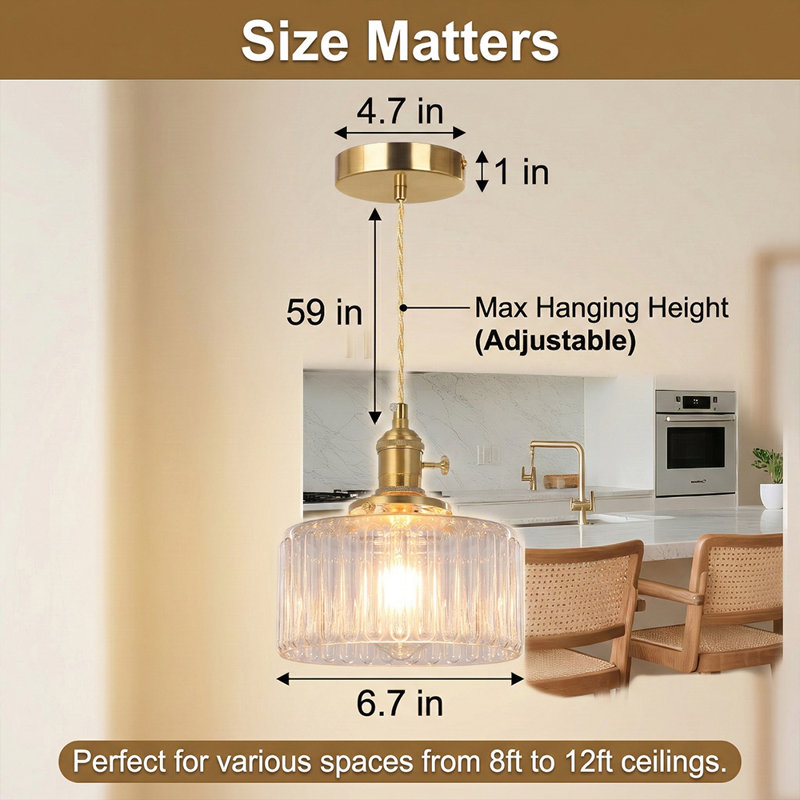 Luminaire suspendu vintage en laiton, luminaire suspendu en verre nervuré de qualité supérieure avec interrupteur rotatif, mini-lustre en corde de tissu réglable pour îlot de cuisine, salle à manger, base à intensité variable E26 (ampoule de 6 W incluse)