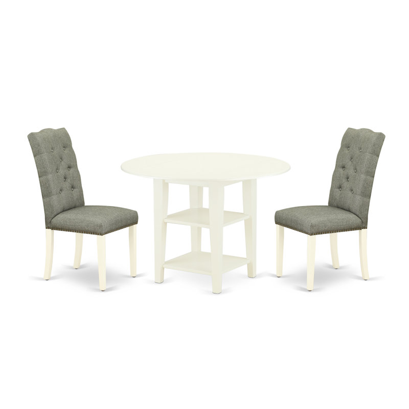 L'ensemble de table de salle à manger 3 pièces comprend une table de cuisine ronde avec Dropleaf et des tablettes et 2 chaises de salle à manger Parson en tissu gris, lin blanc