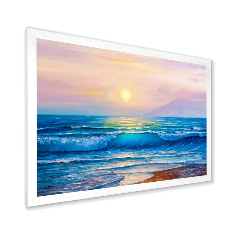 «Ocean Sunset And Waves», reproduction sur toile flottante, Cadre photo blanc, H 24 po x l 36 po x P 1 po