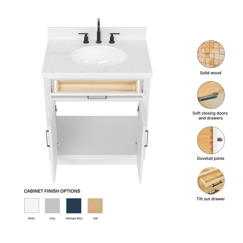 Meuble-lavabo simple en bois massif 30 po avec plateau en quartz Carrara de 1,5 po Tidworth, Blanc / nickel brossé, Ovale