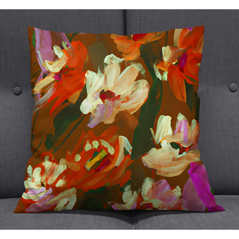 Throw Pillow With Insert, Green/Orange Floral 2, 18"H x 18"W