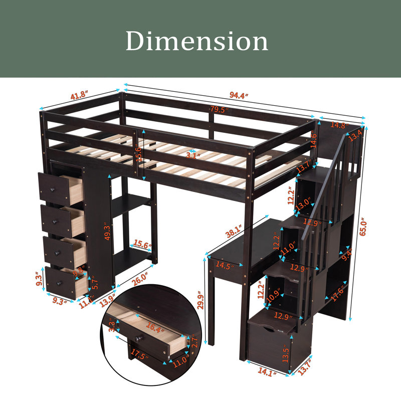 Florene Kids Twin Loft Bed, Espresso