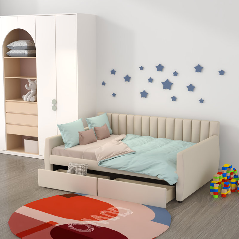 Kids Twin Platform with Drawers, Beige