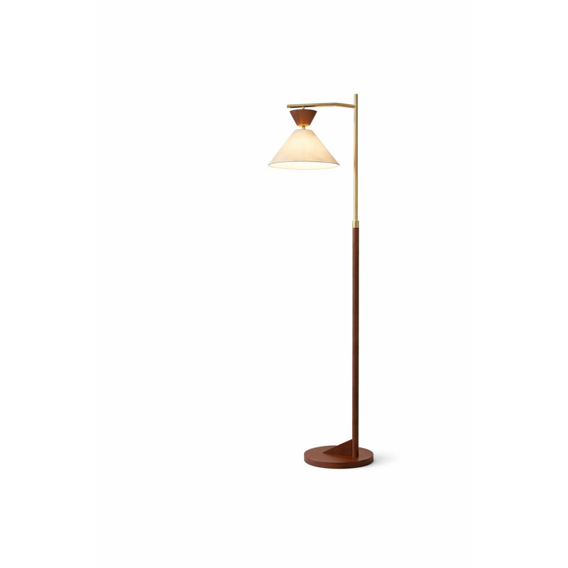Lampe sur pied en porte-à-faux en noyer de style Mid-Century moderne, lampe sur pied à bras pivotant réglable en laiton avec abat-jour conique en lin, lampe de lecture de travail pour le salon et la chambre à coucher