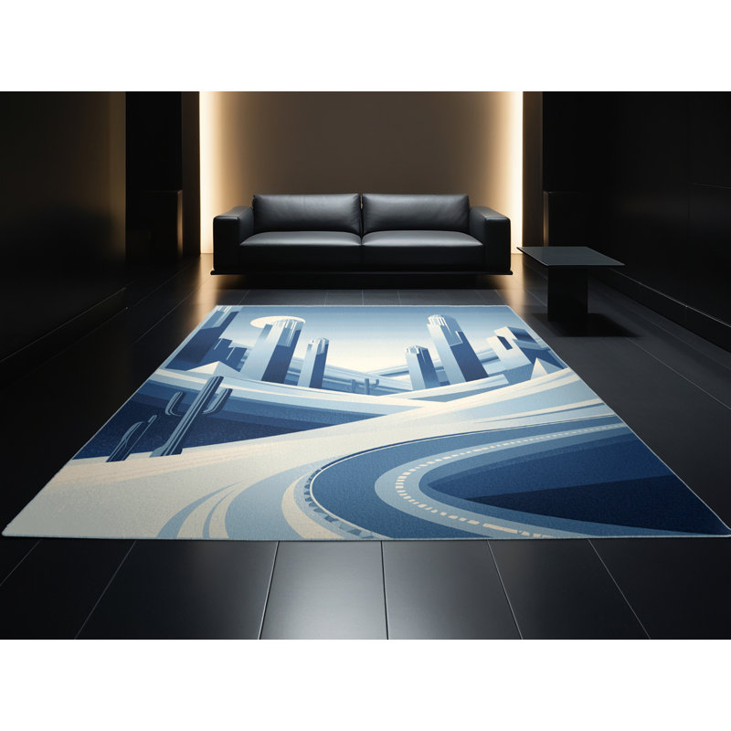 Tapis bleu ciel délavé à la machine Cumberland Alien Desert World Art Deco, 2 x 4