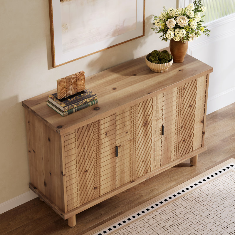 Solid Wood Buffet Cabinet With Storage, Farmhouse Sideboard Cabinet With 3 Doors And 2 Adjustable Shelves, Mid Century Modern Sideboard Storage For Kitchen And Entryway (natuarl)