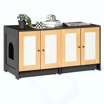 Double Litter Box Enclosure,Cat Litter Box Enclosure For 2 Cats, Hidden Litter Box Furniture With Rattan Doors