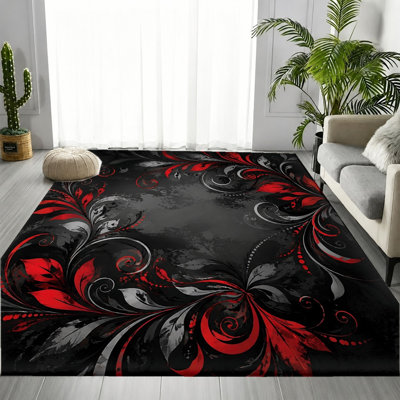 Tapis floral abstrait rouge et noir abstrait, motif à volutes, tapis antidérapant, décoration intérieure artistique pour salon, chambre à coucher, couloir, salle à manger, bureau, appartement