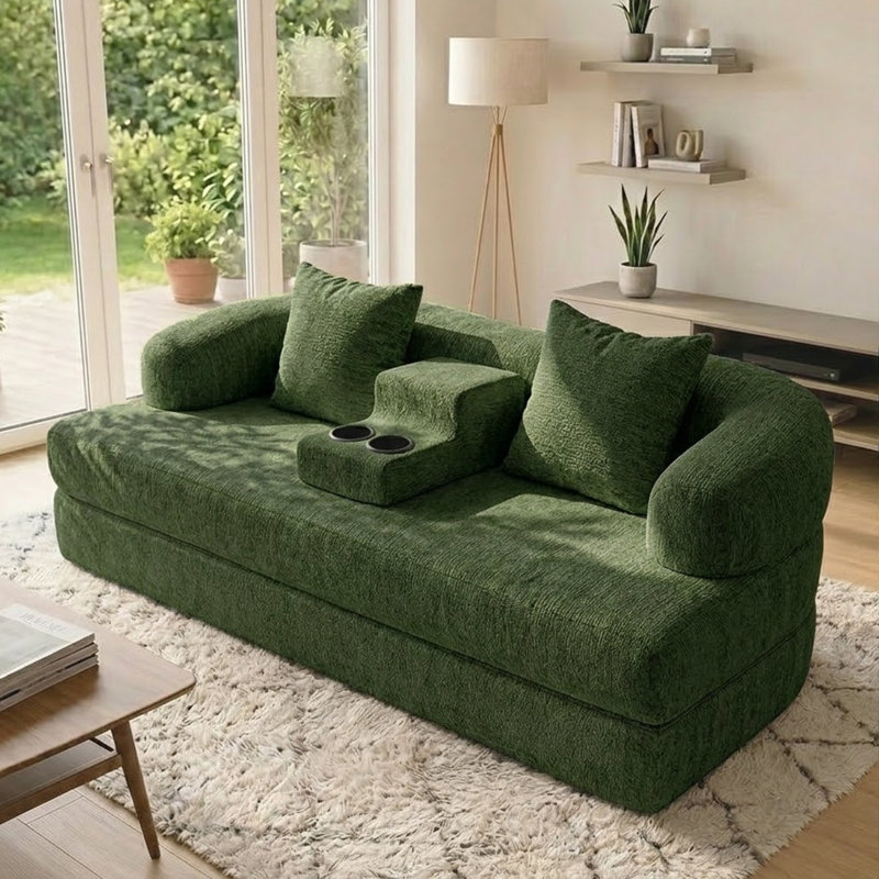 Canapé-lit convertible de 70 po, causeuse courbée 2 en 1 avec console centrale amovible et 2 porte-gobelets, Vert
