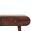 Console en bois massif noyer clair à bord courbé, 2 tiroirs, pieds nordiques, brun foncé