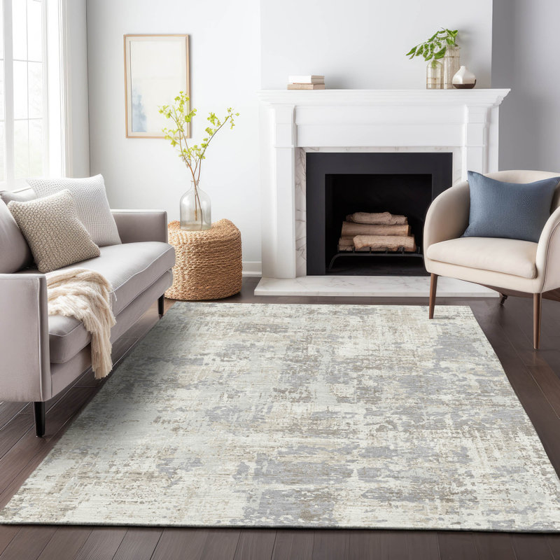 Ivory and Gray Abstract Washable Synthetic Rug