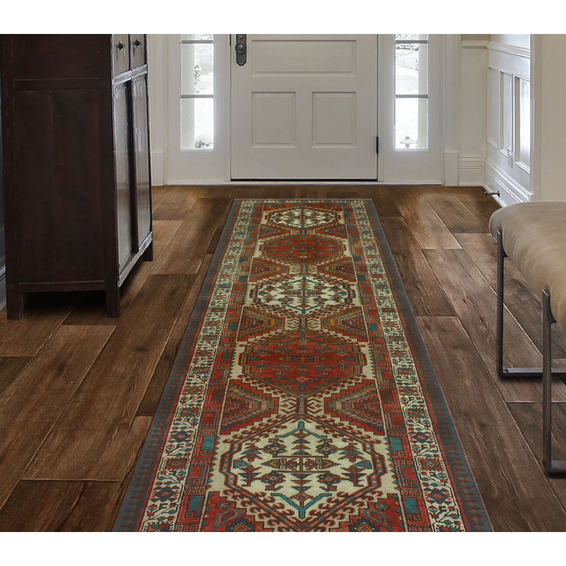 One-of-a-Kind 3'2" x 10'5" New Age Runner Wool Area Rug in Cream and Red