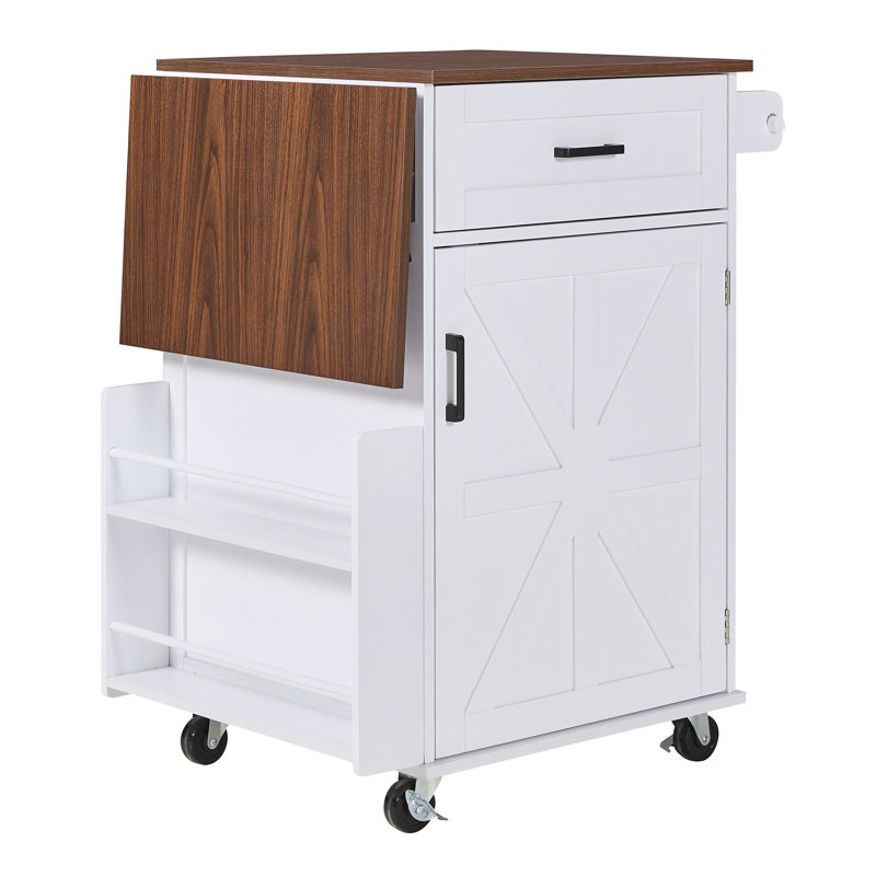 39.3" Farmhouse Kitchen Island With Drop Leaf, White
