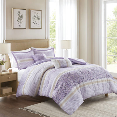 Édredon 5 pièces très grand / très grand avec coussins décoratifs - Édredon en microfibre, imprimés botaniques de style chic décontracté et volants en dentelle, rembourrage, lavable à la machine, emballage compressé, rembourré,