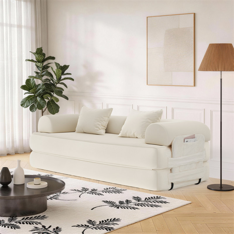 80" Corduroy Convertible Sofa Bed, Upholstered Sleeper Sofa With Pillows & Storage Pockets For Living Room, White