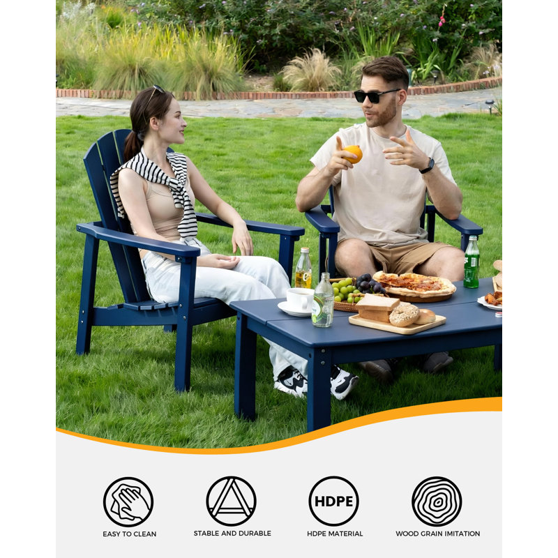 3-piece Hdpe Adirondack Patio Furniture Set - 2 Stackable Chairs & Large Side Table, All-weather, Wood-grain Finish, Navy