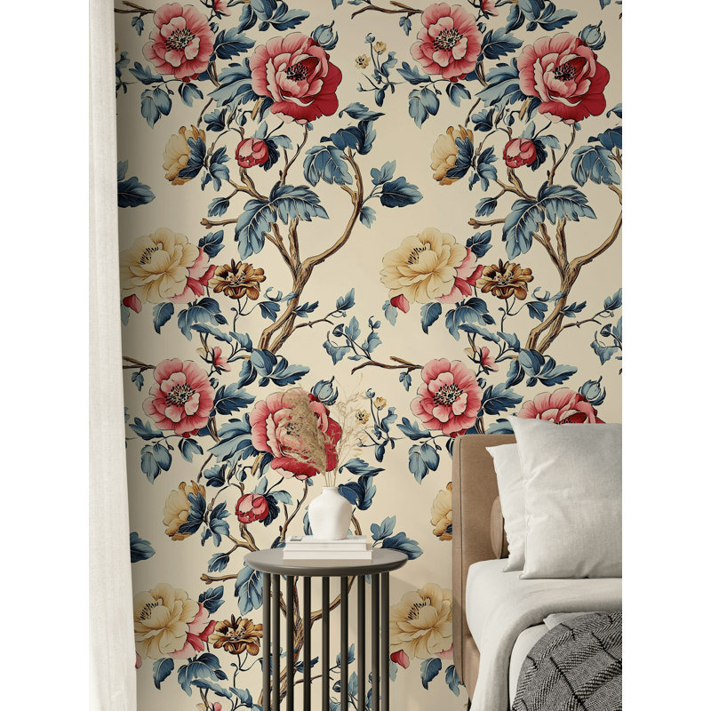 Papier peint à motif de fleurs bleues et rouges à motif de pivoines Jacobean