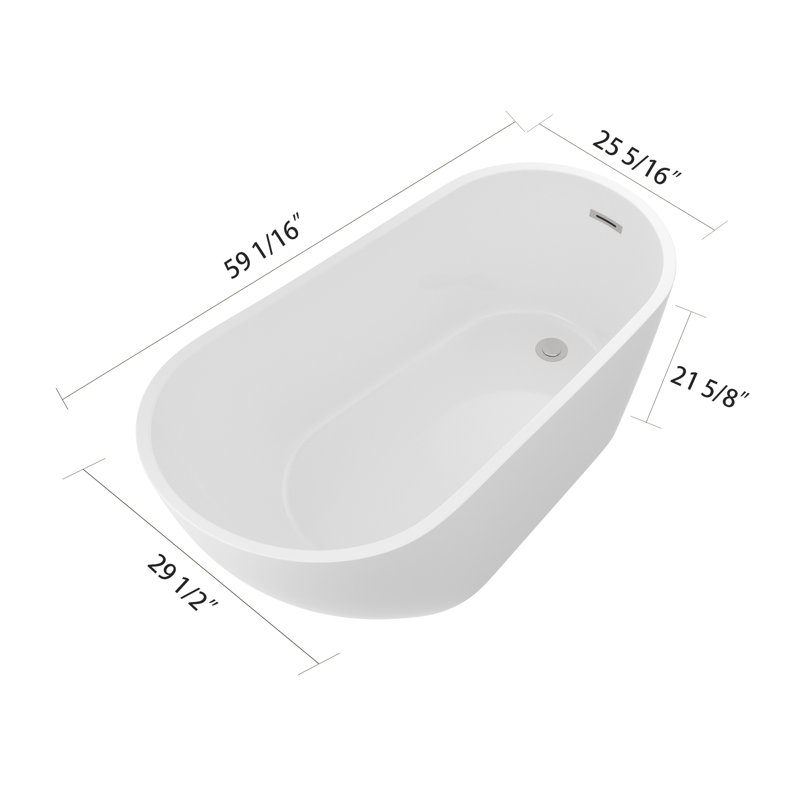 Baignoire autoportante en acrylique ovale de 59 po x 29,5 po avec égouttoir escamotable chromé avec trop-plein Chrome