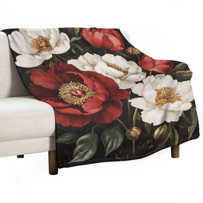 Jeté en flanelle de luxe fond rouge foncé avec pivoines blanches, couverture douce et chaude pour le canapé-lit du salon