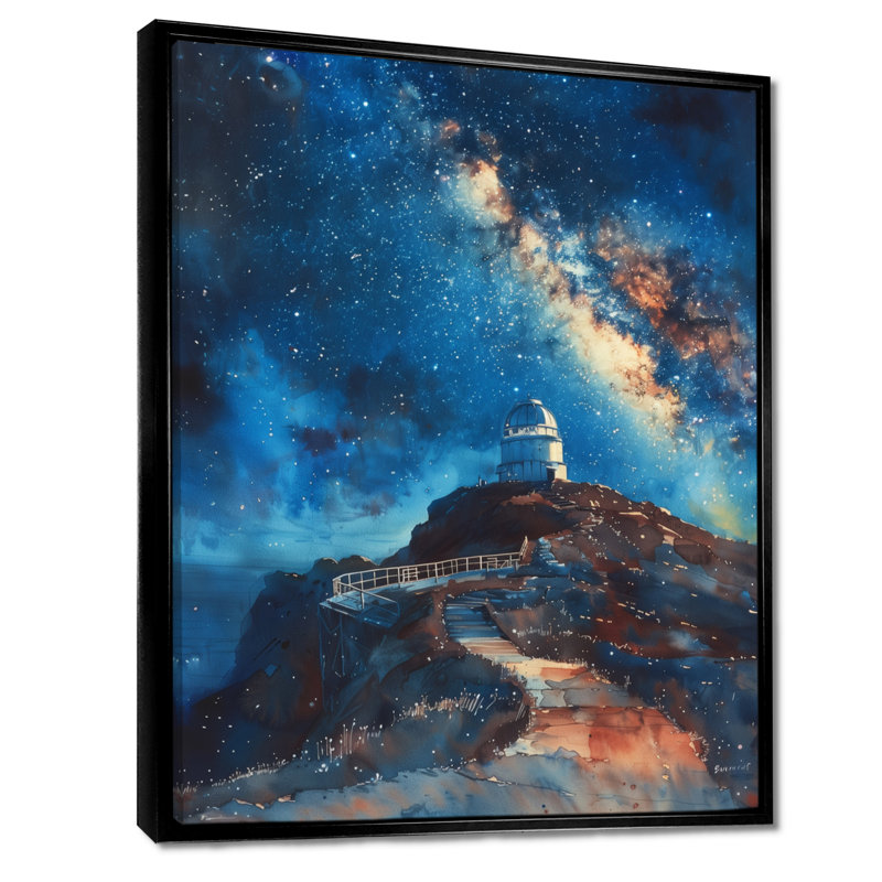 Bleu et blanc, étoile, station, observatoire I, art mural, H 16 po x l 32 po x P 1 po, Toile avec cadre flottant noir