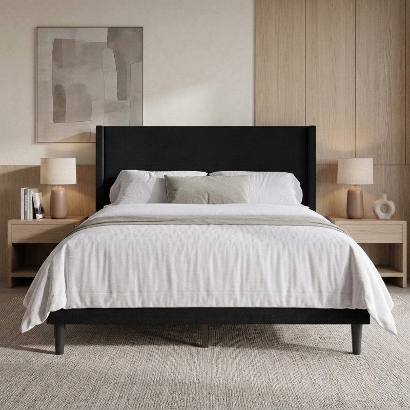 Bangor Full Upholstered Wingback Platform Bed, Black, Full