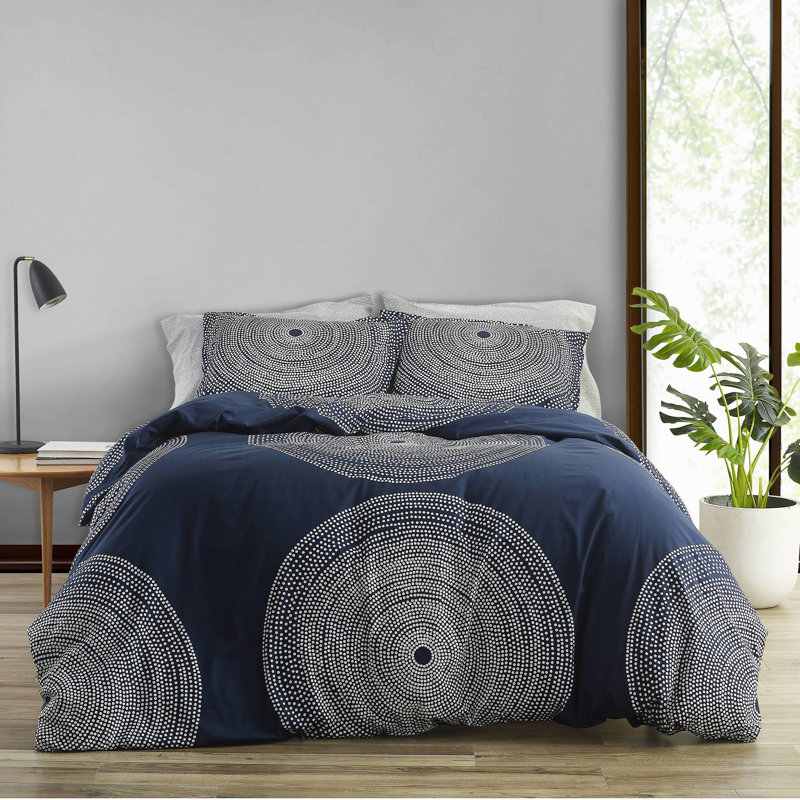 Ensemble d'édredon en coton Marimekko Fokus, Édredon simple et 1 taie décorative, Bleu marine/blanc